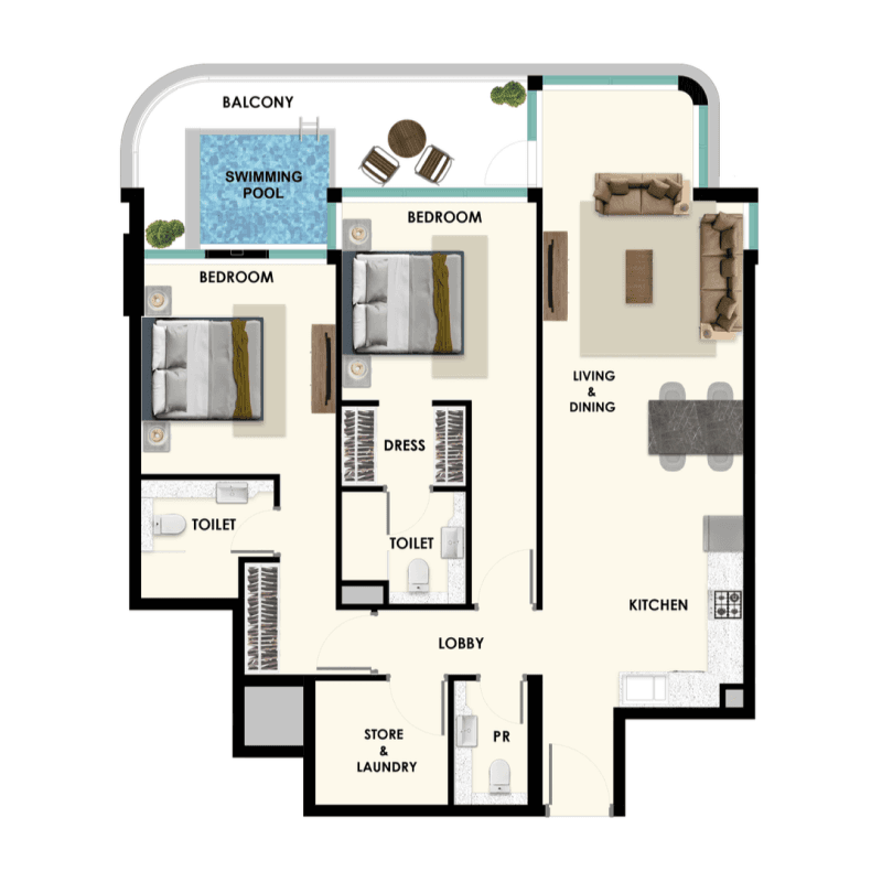 2 BR + Pool