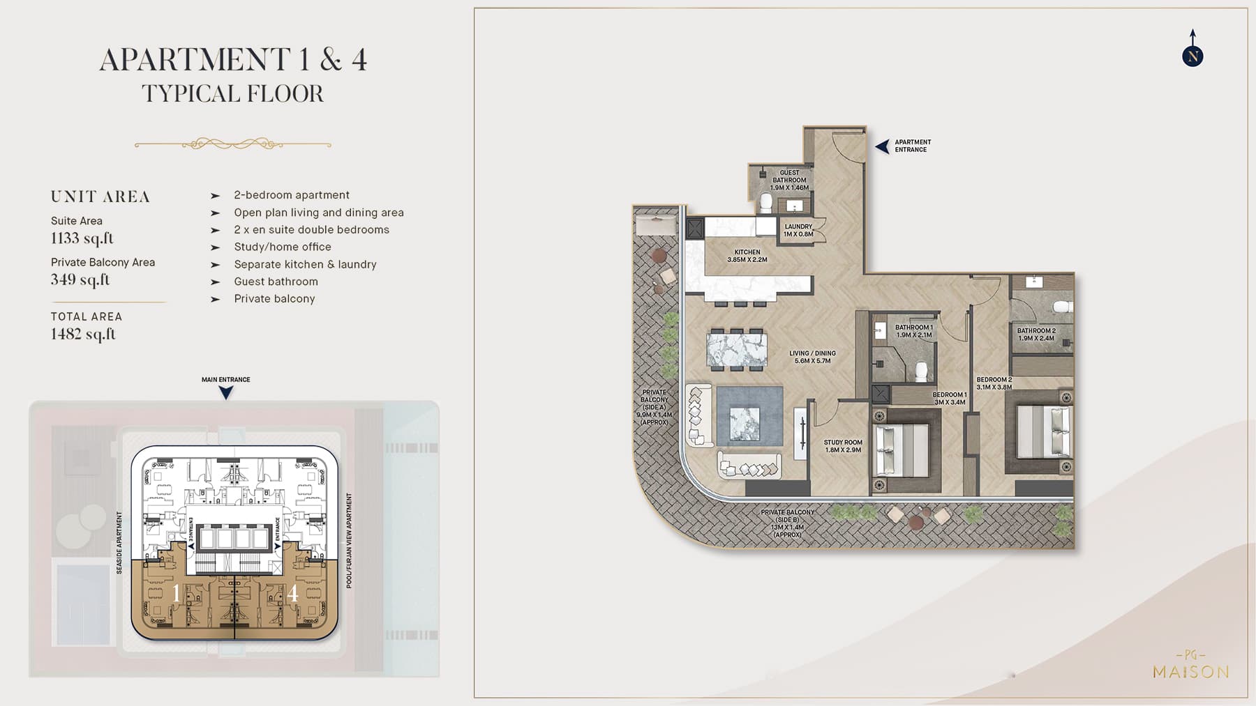 2 BR + Study