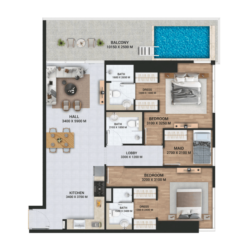 2 BR + Pool