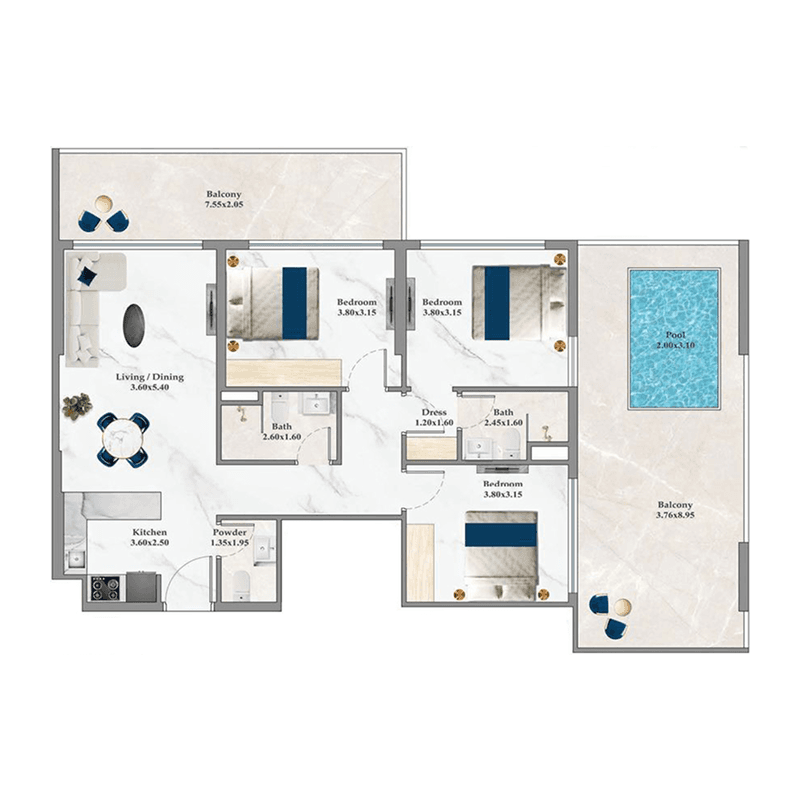 3 BR + Pool