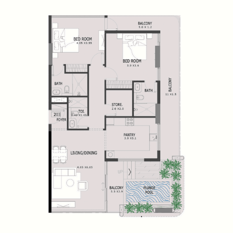 2 BR + Pool