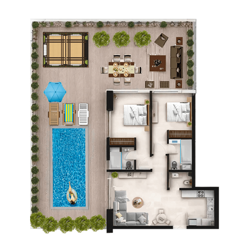 2 BR + Pool