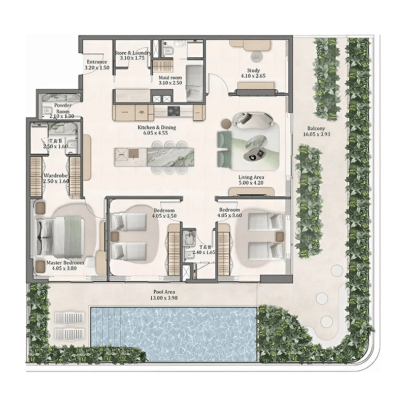 3 BR + Pool