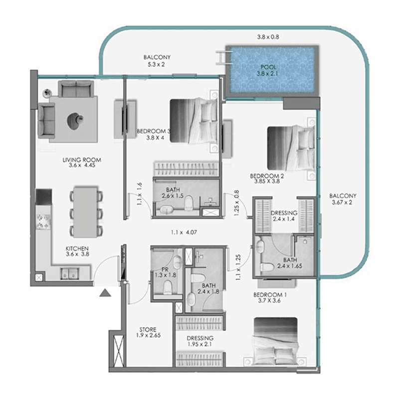 3 BR + Pool