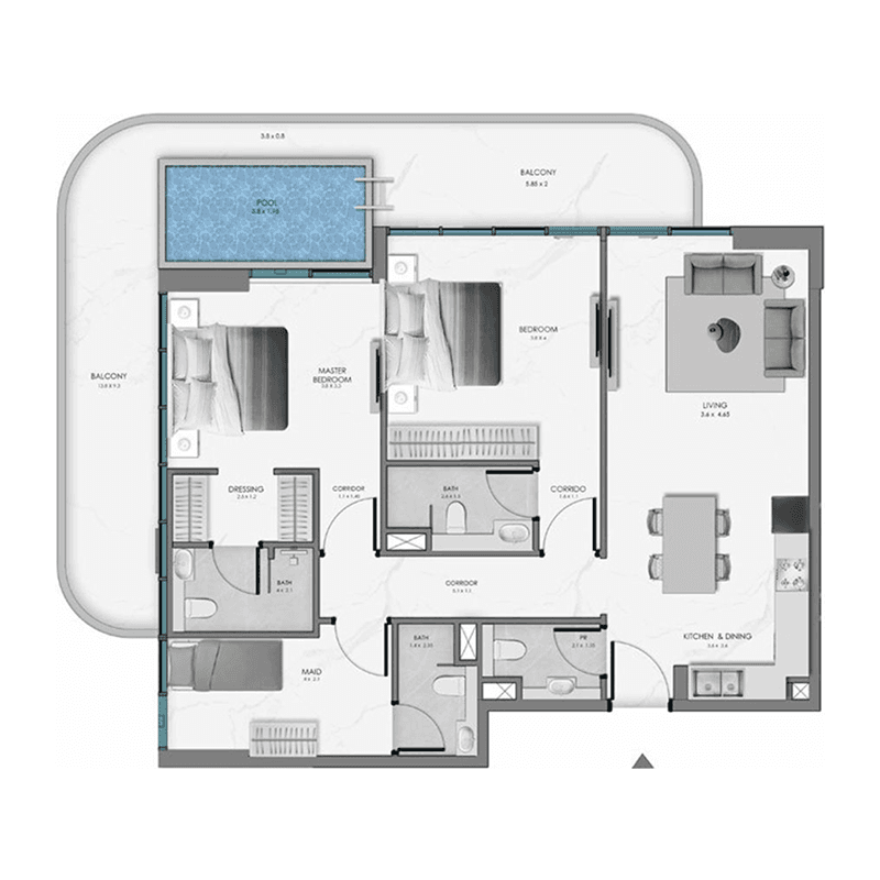 2 BR + Pool